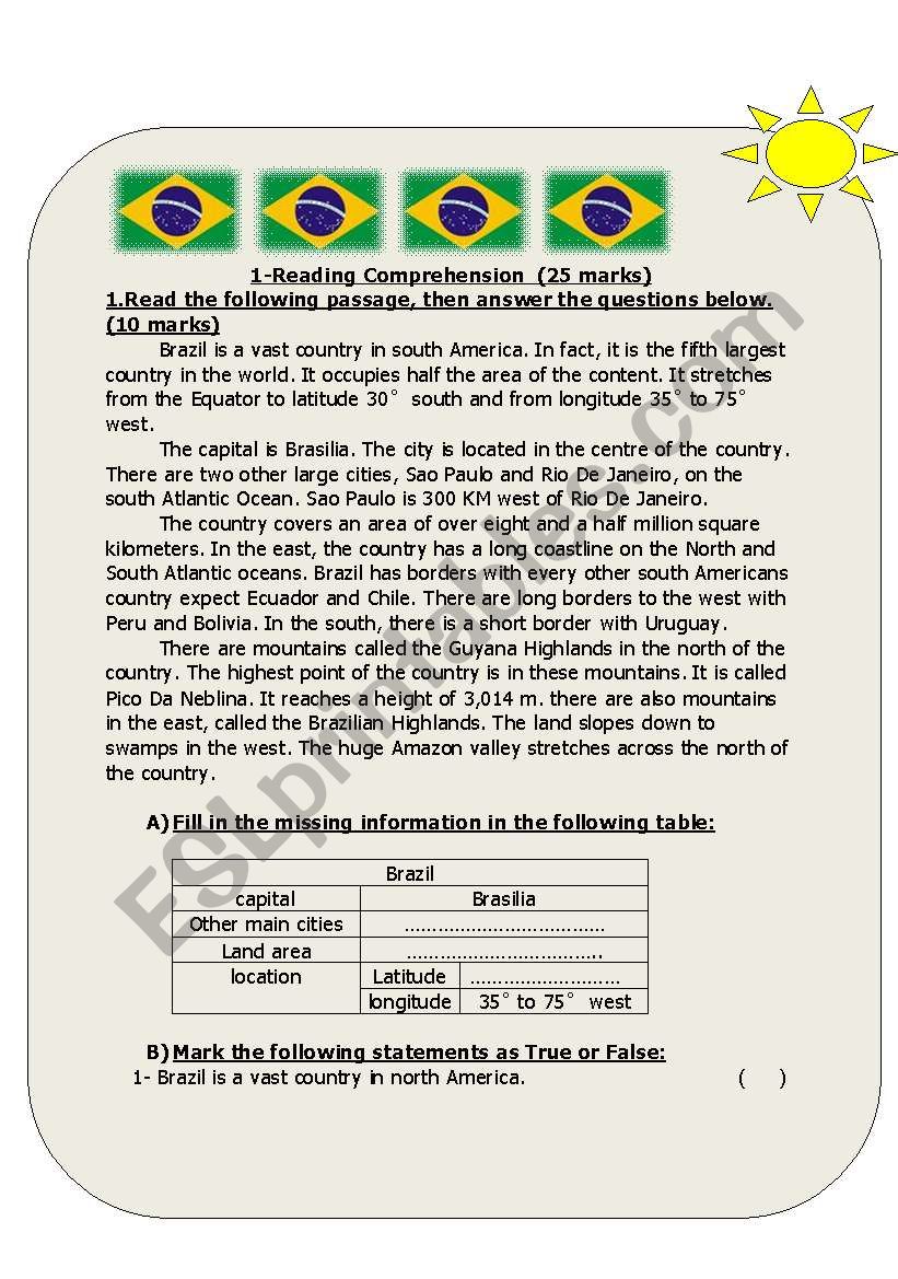 Reading passage about Brazil  worksheet