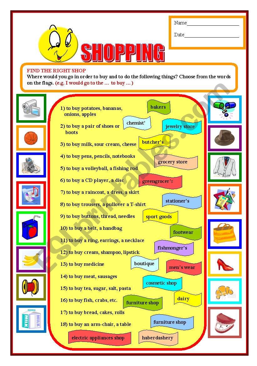 Kinds of shops worksheet