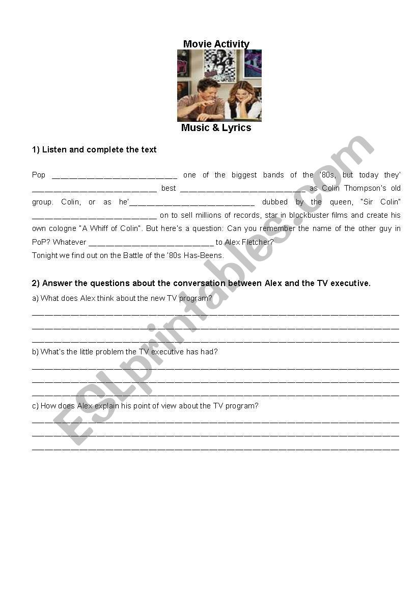 Music and Lyrics worksheet