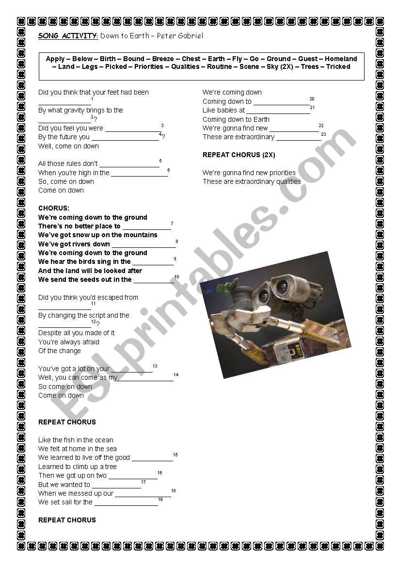 Song Activity: Down to Earth - Peter Gabriel (Wall-E)