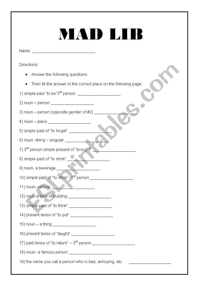 Simple Past Mad Lib worksheet