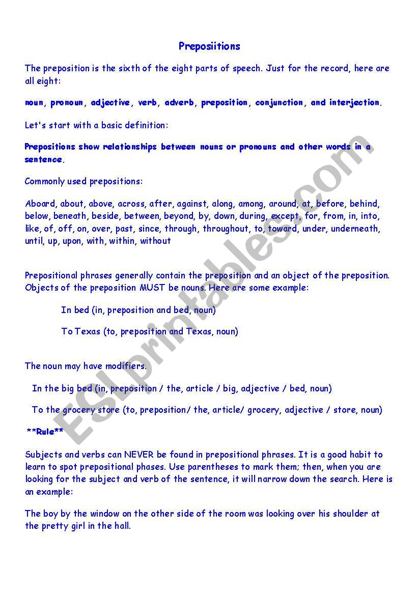 Rules for Teaching Prepositions w/Worksheet 