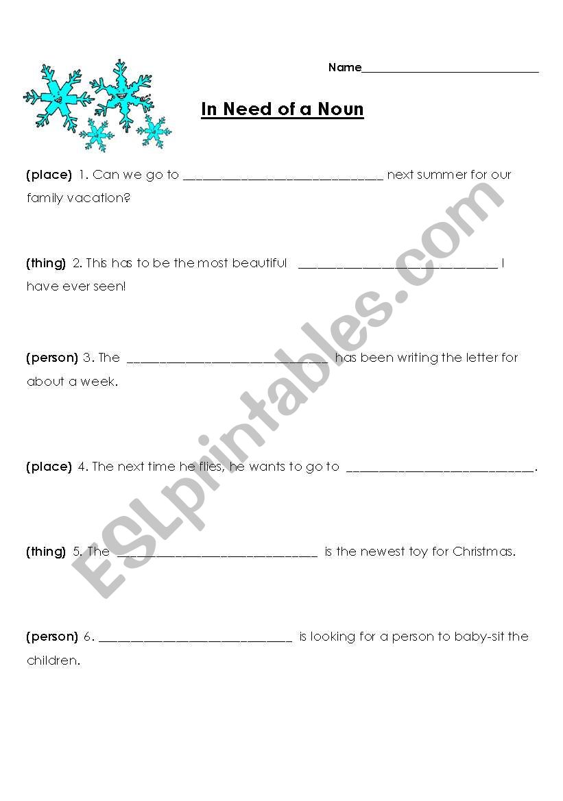 In Need of A Noun worksheet