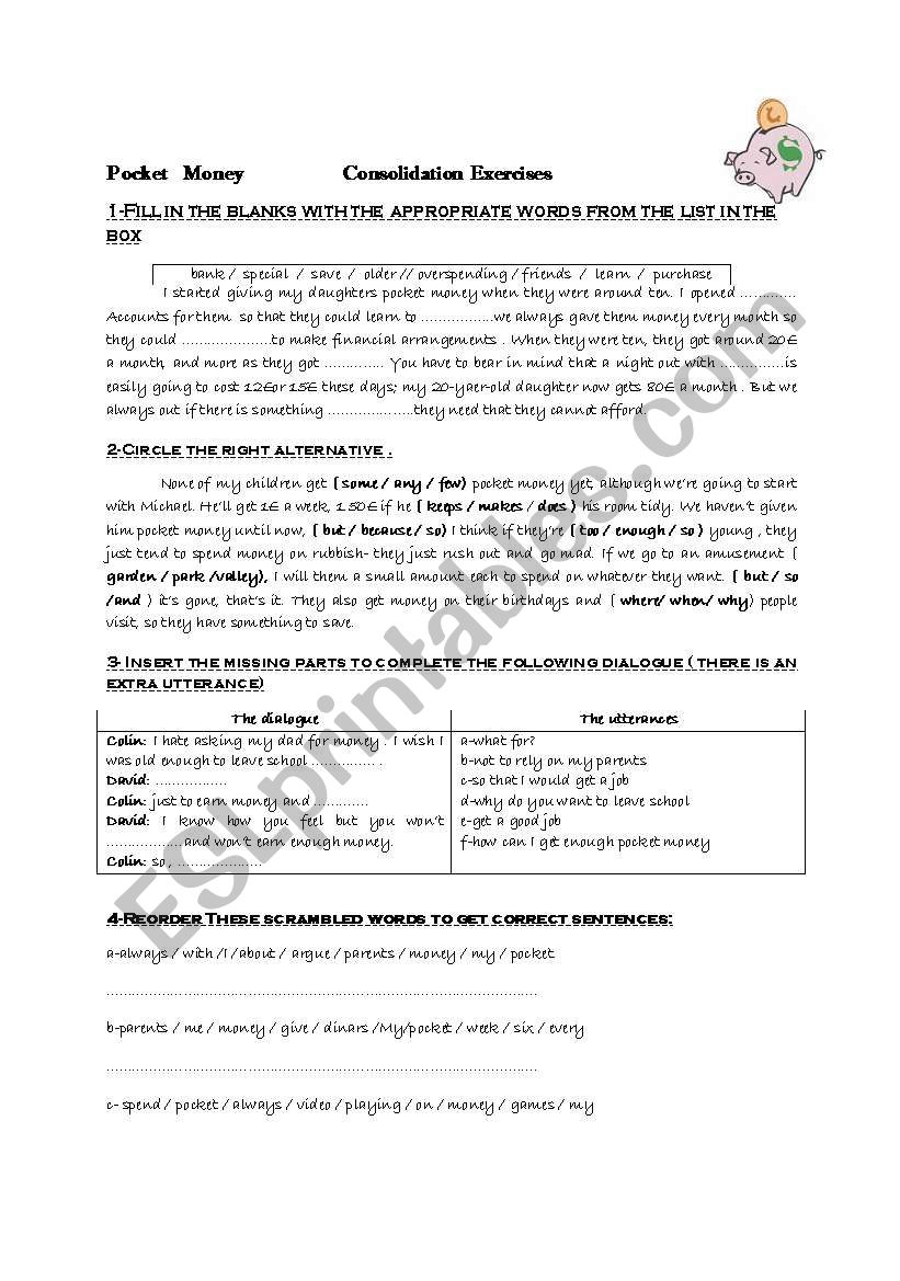 pocket money worksheet