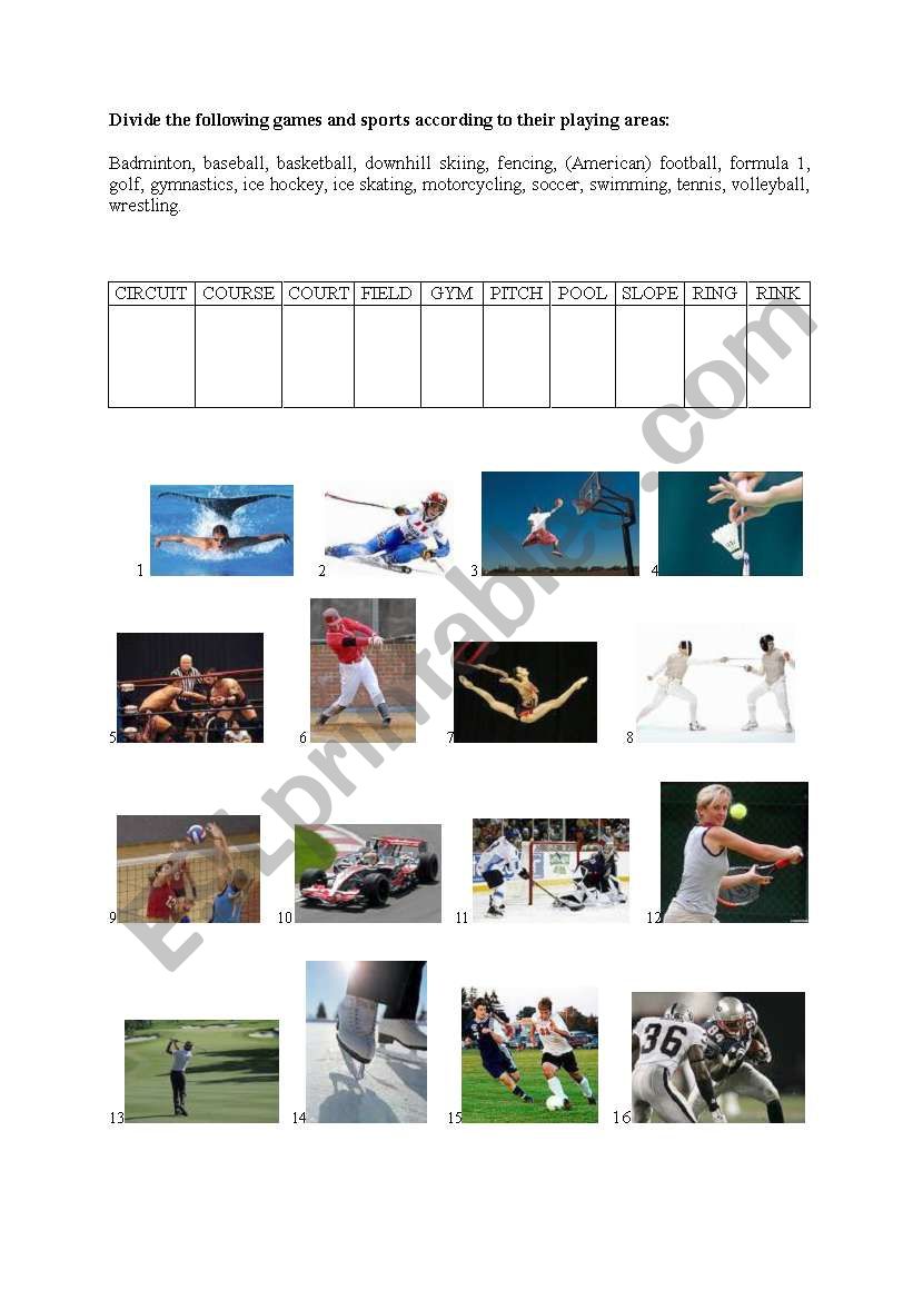 Sports and playing areas worksheet