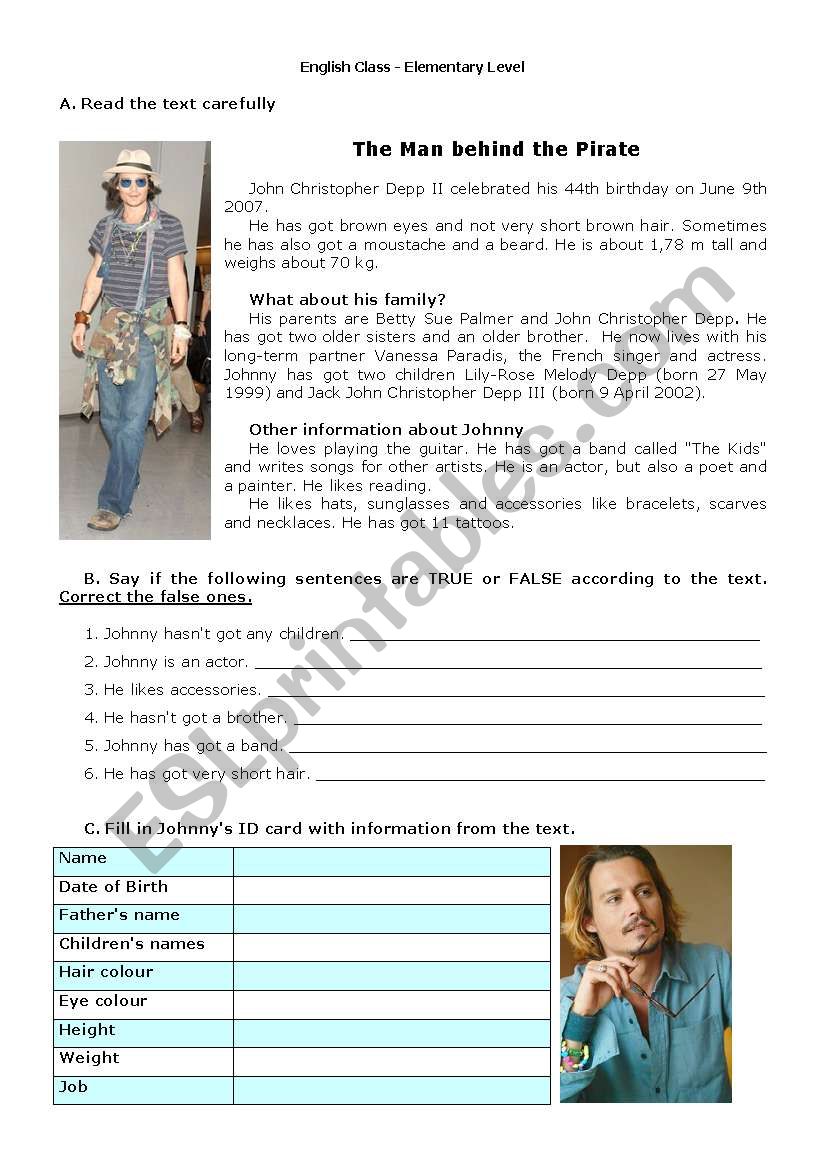 Johnny Depp worksheet