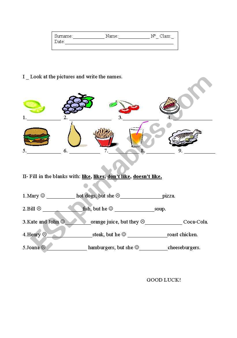 Likes/Dislikes worksheet