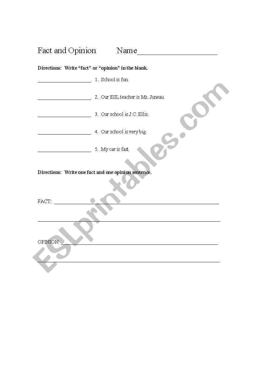 Fact and Opinion worksheet