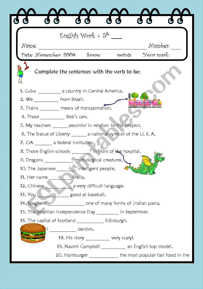 english work - verb to be worksheet