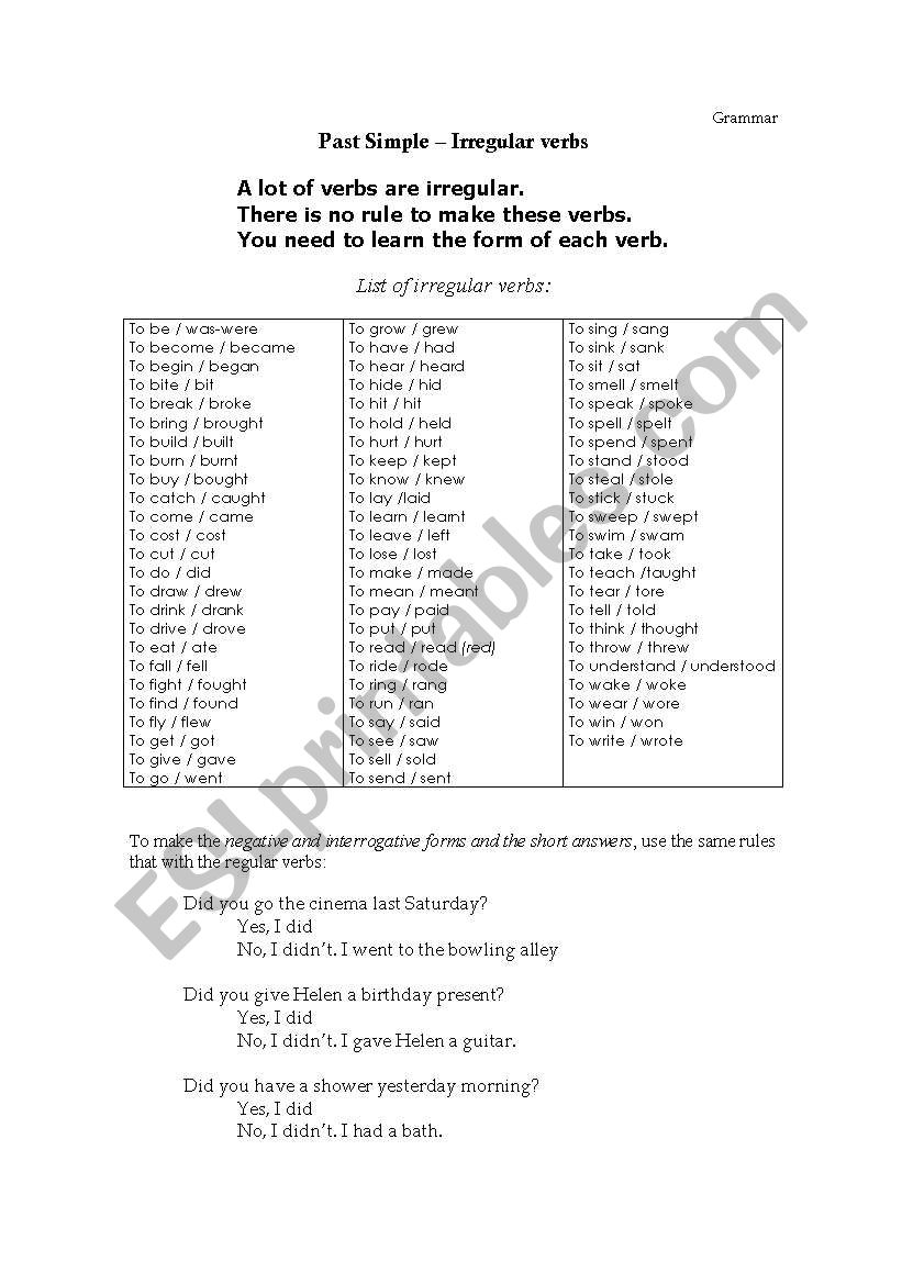 Past simple. Irregular verbs worksheet