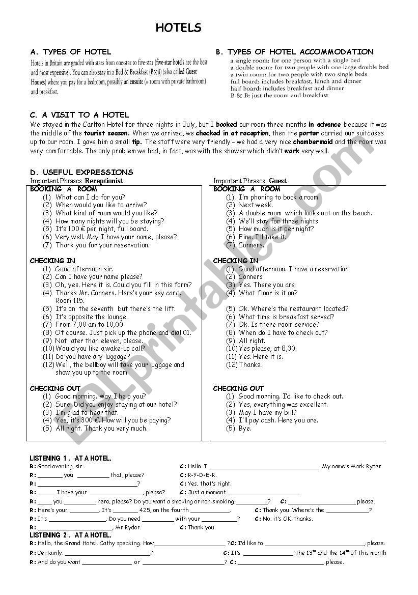 HOTELS worksheet