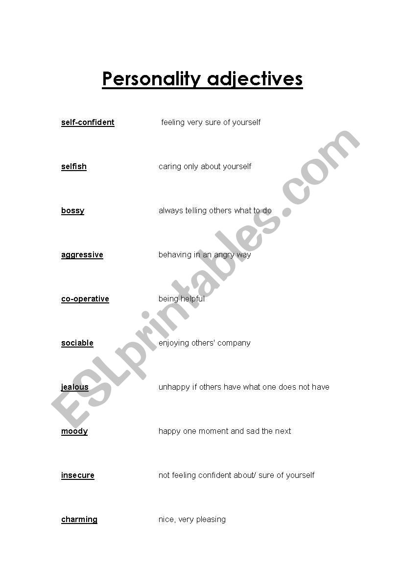 personality adjectives worksheet