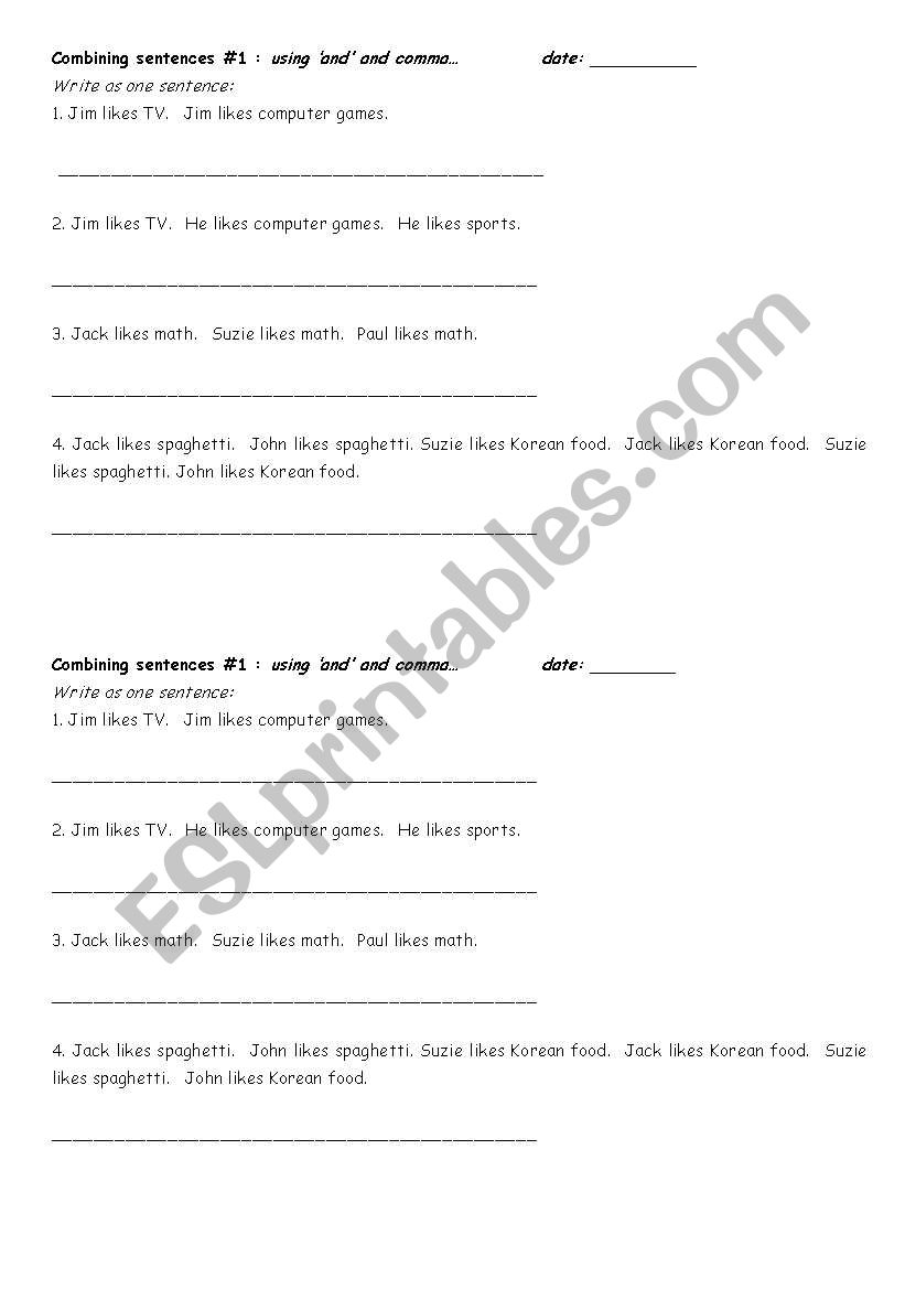 combining sentences - easy worksheet