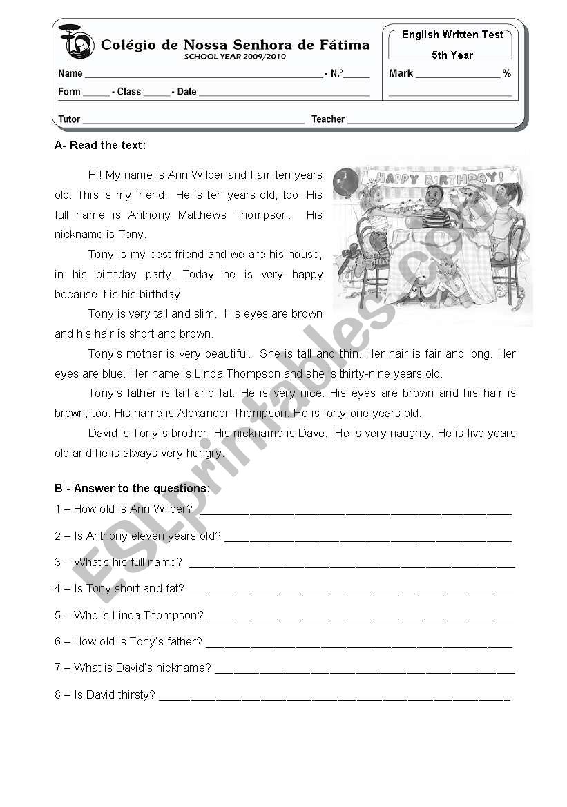 TonyÂ´s birthday - 5th year test 