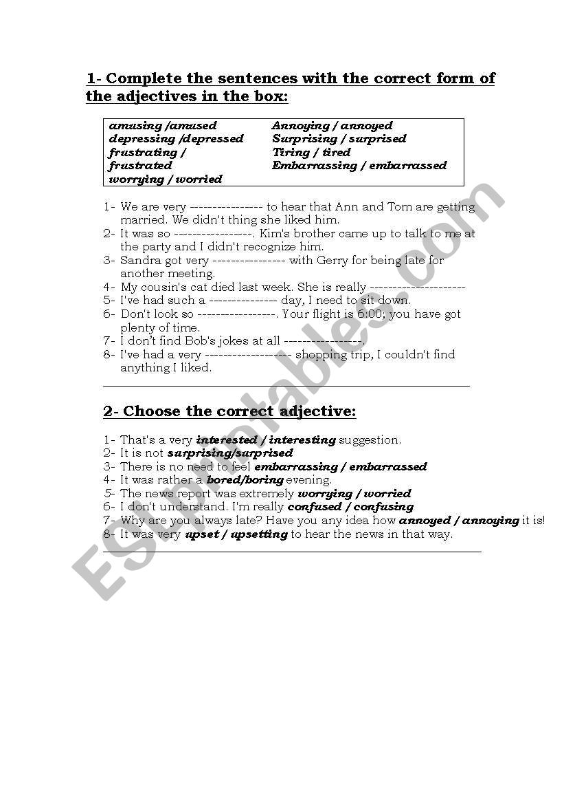 ed/ing adjectives worksheet