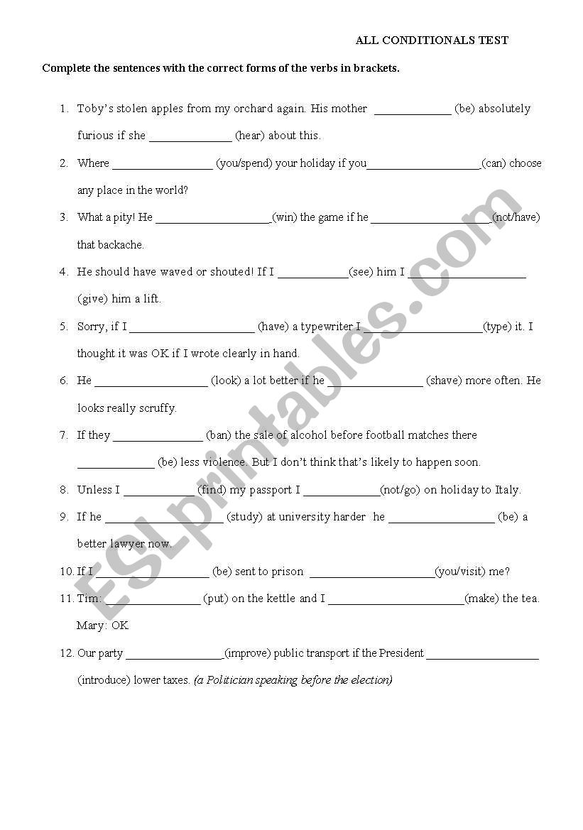 Conditionals short test worksheet