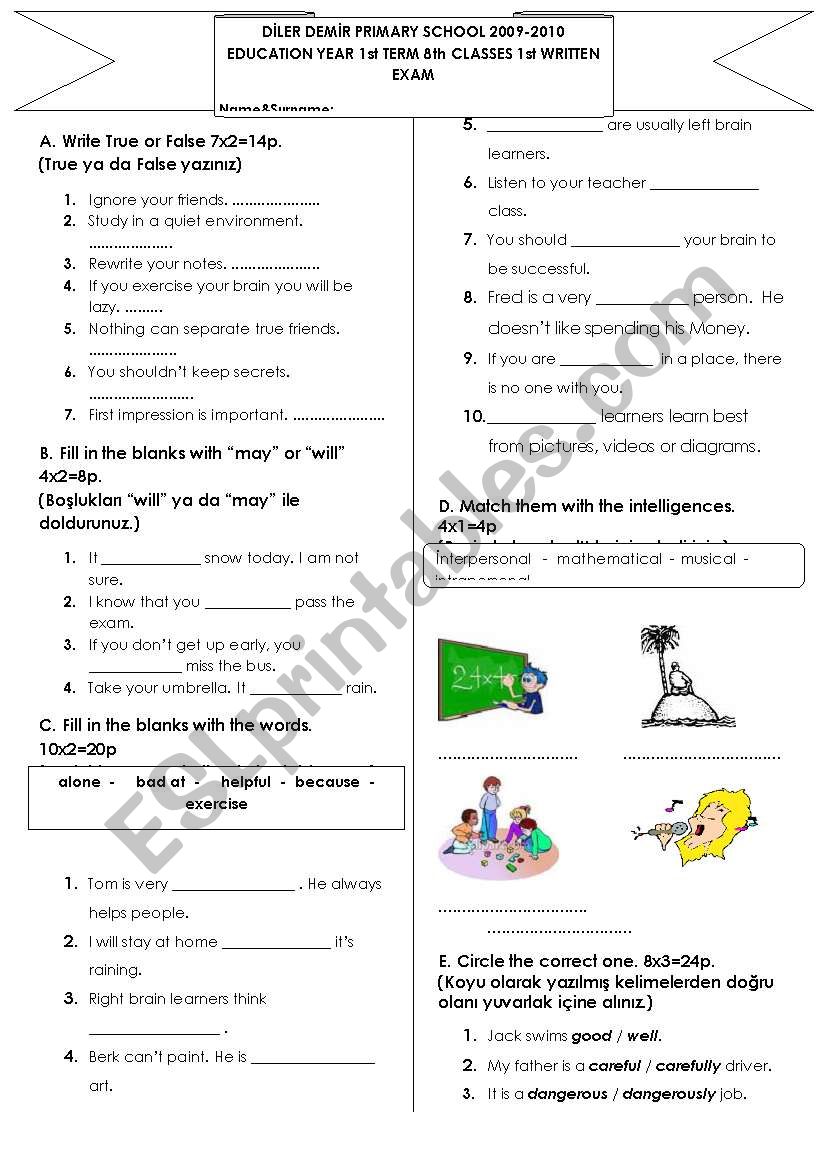 8th grade exam worksheet