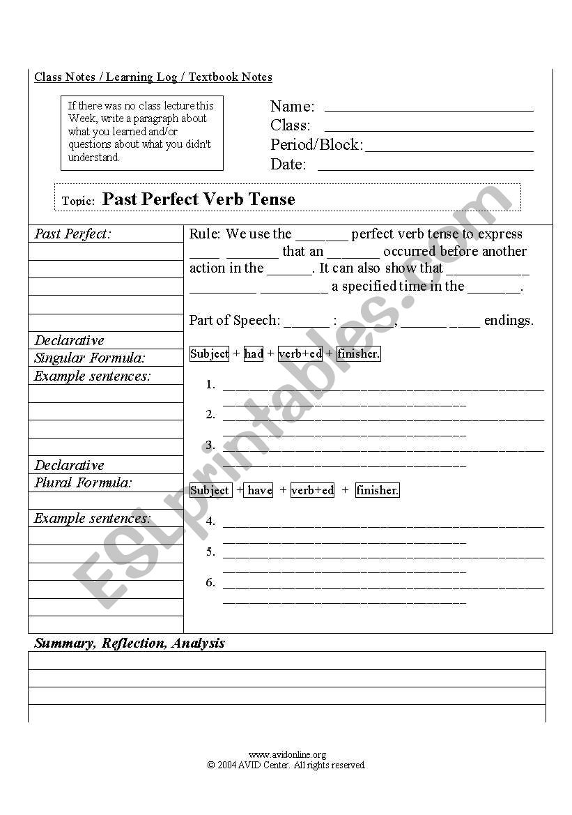 Cornell Notes template for Past Perfect verb tense