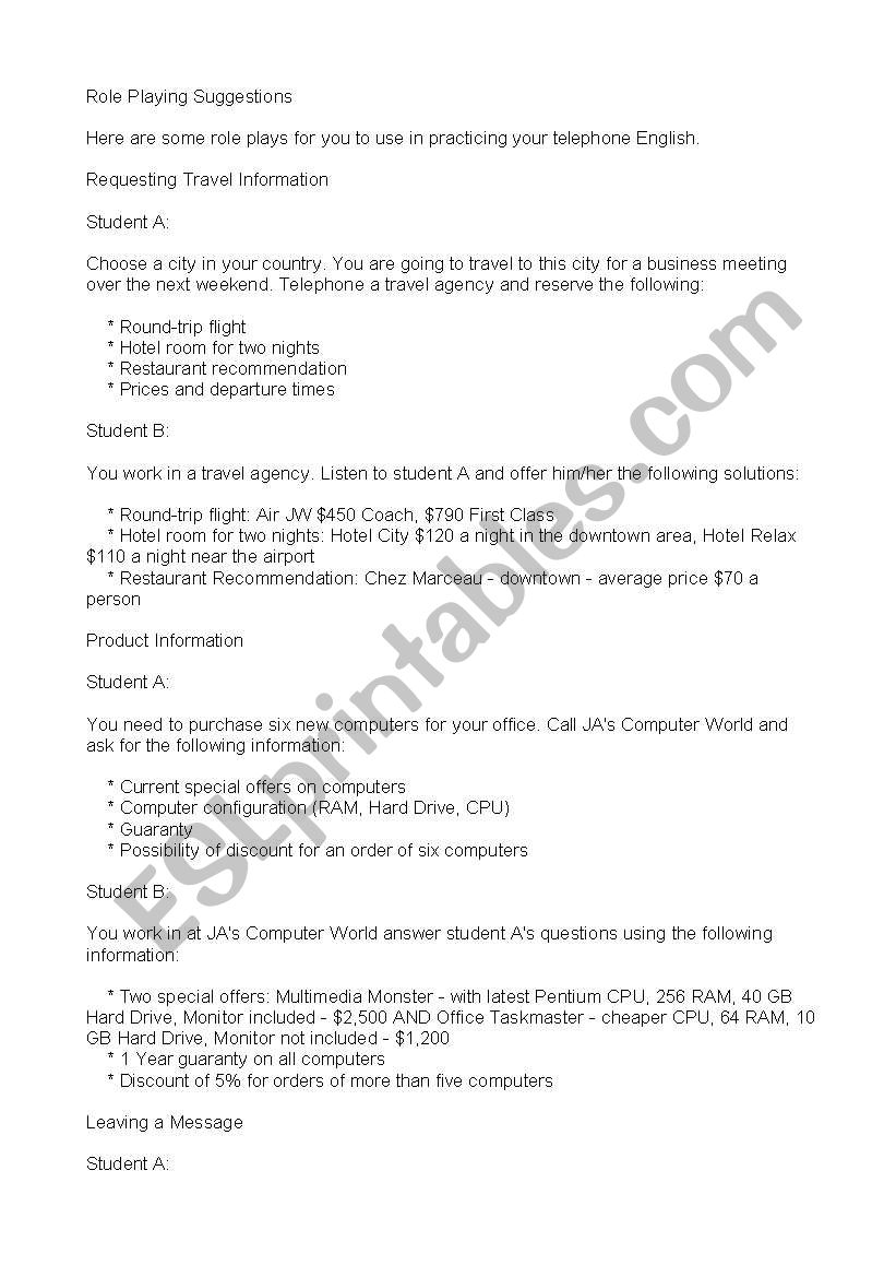 Telephone role play worksheet