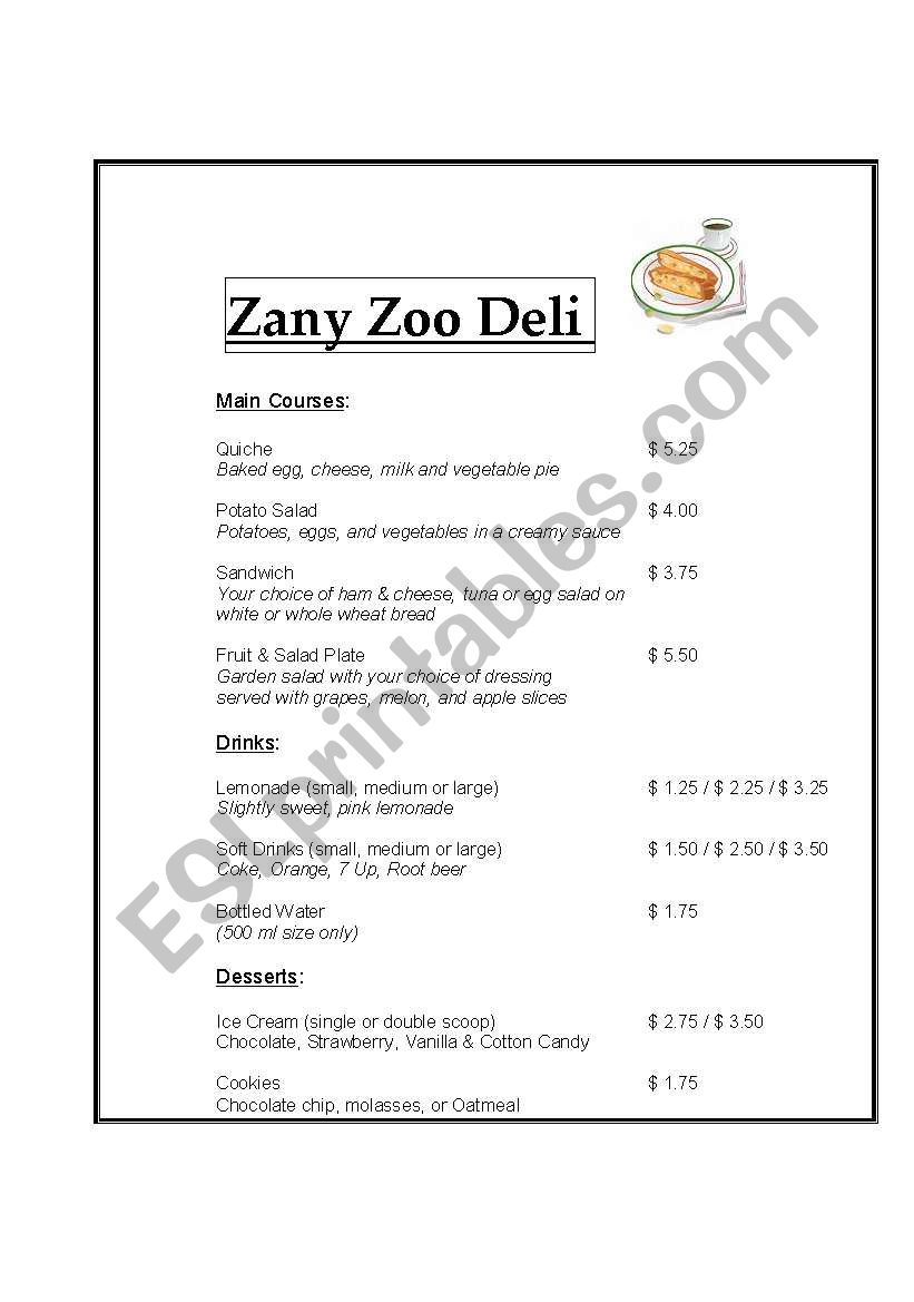 Deli Menu worksheet