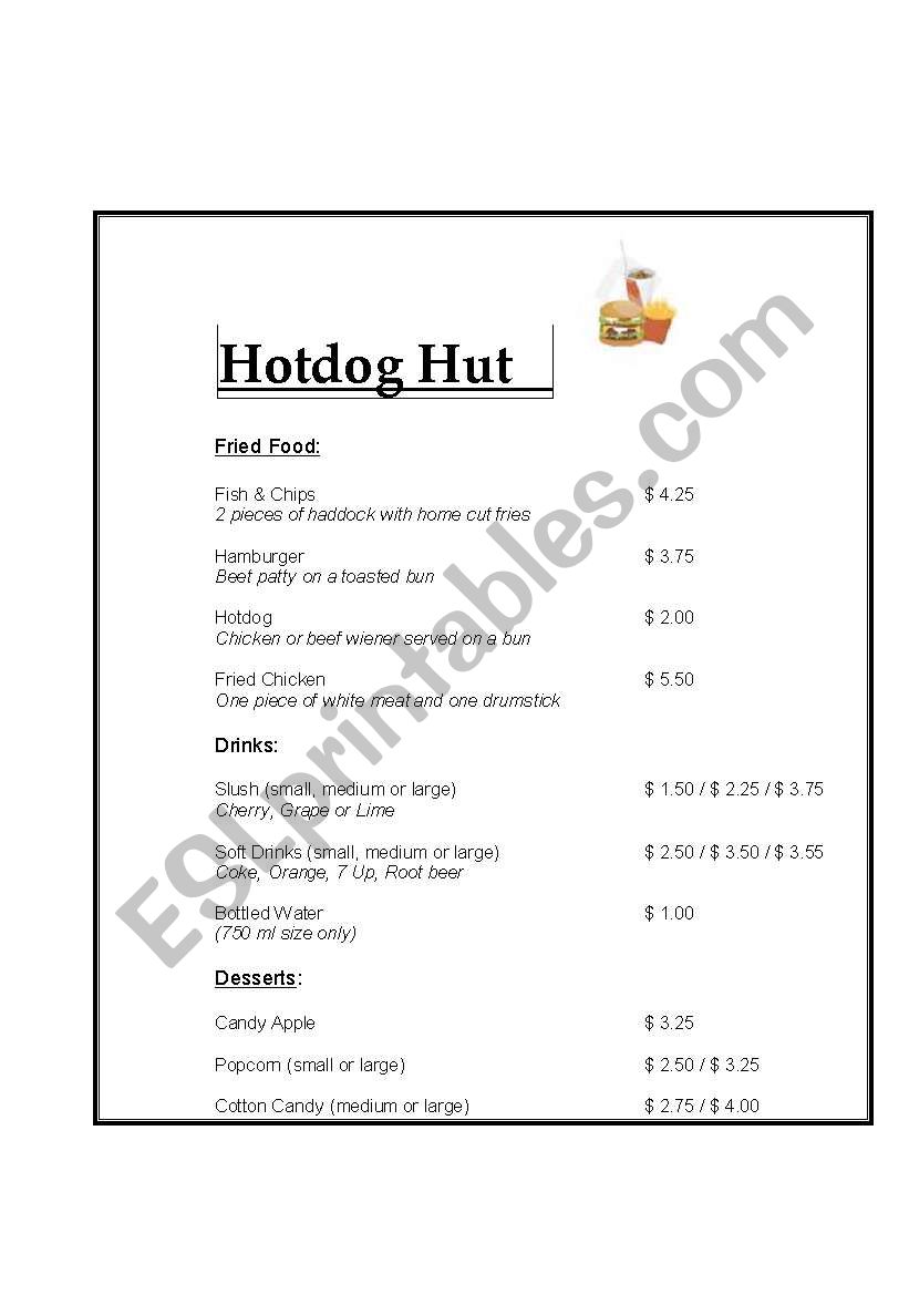  Fastfood Menu worksheet