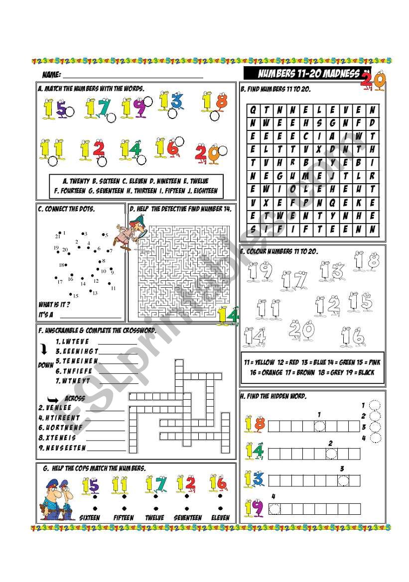 Numbers 11-20 Madness worksheet