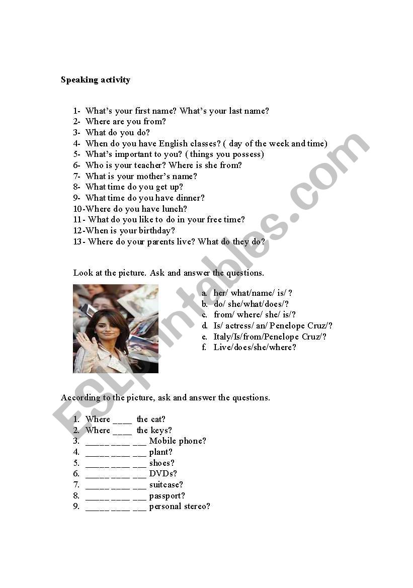 Questionaire speaking activity elementary