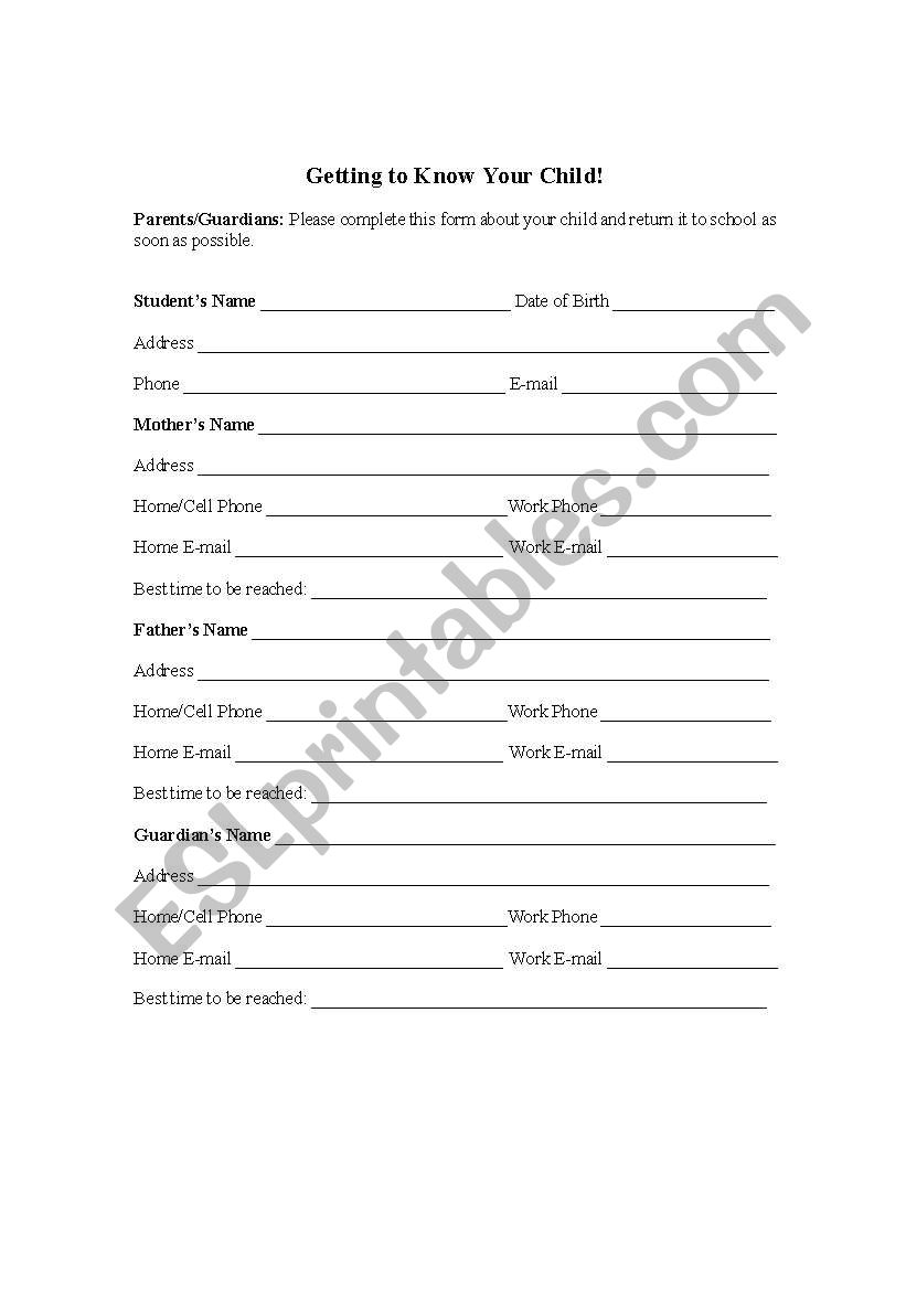 student information worksheet