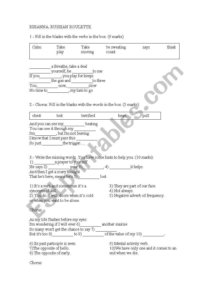 Russian Roulette by Rihanna - ESL worksheet by atd46