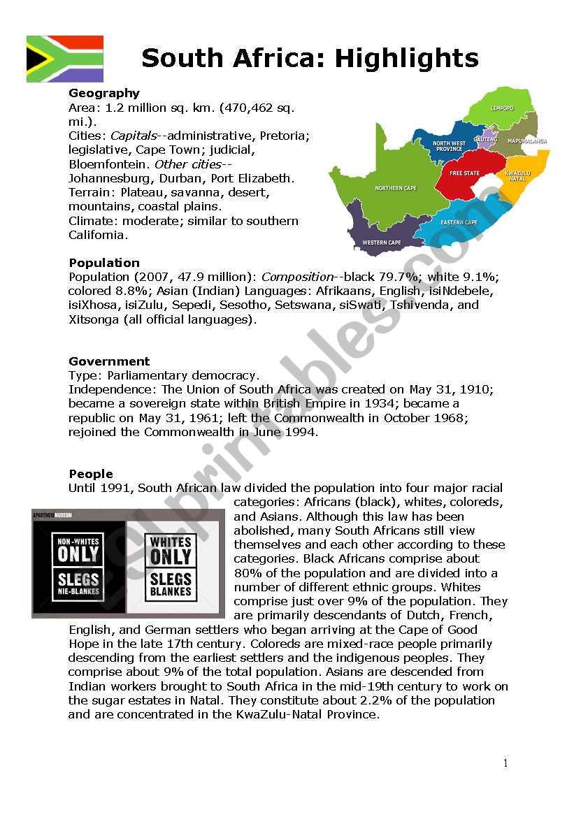 SOUTH AFRICA HIGHLIGHTS worksheet