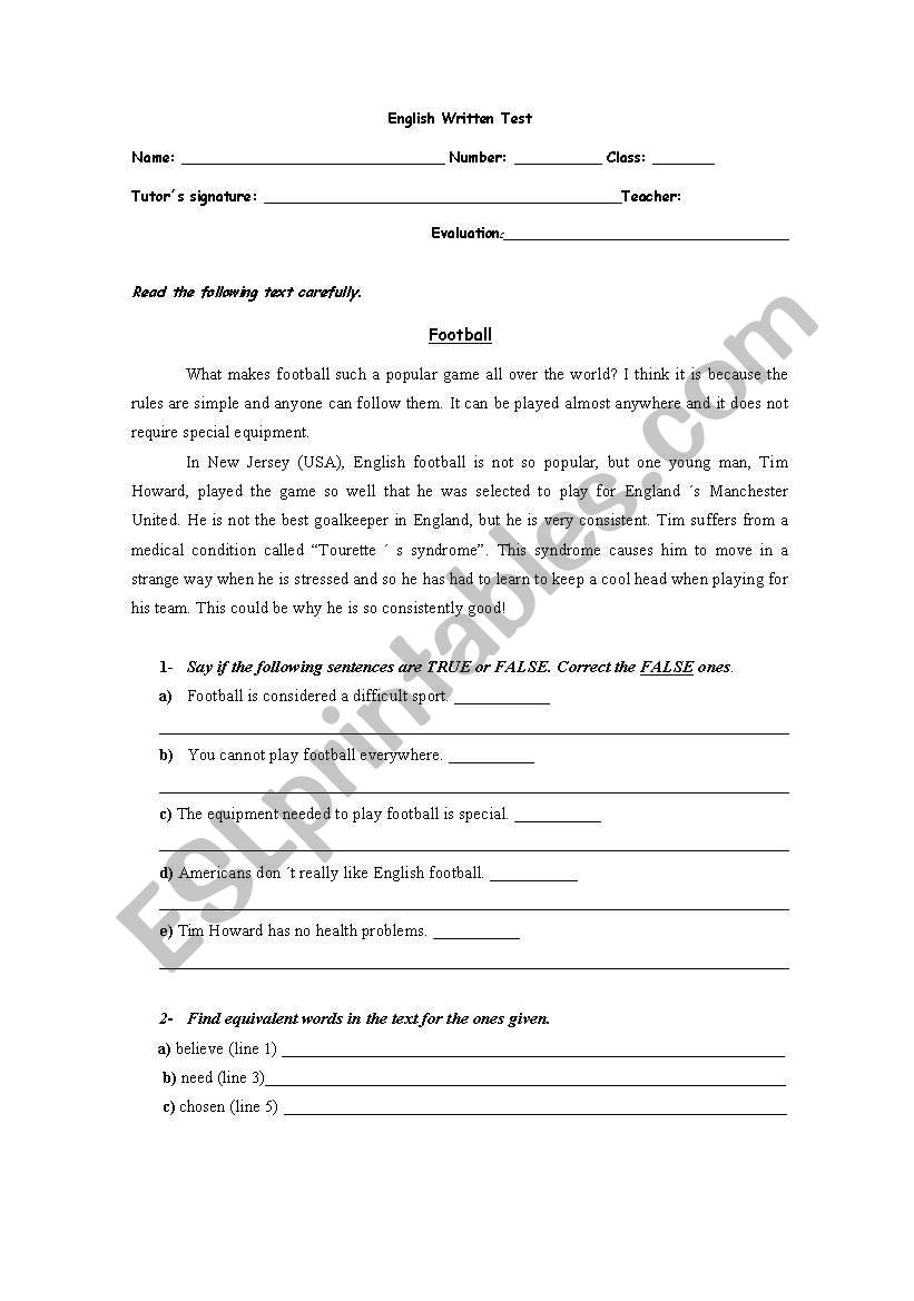 test about football worksheet