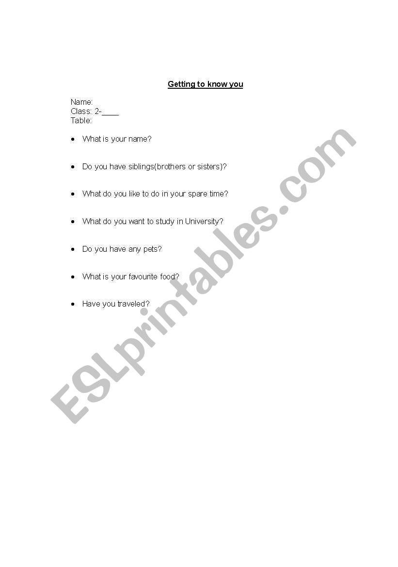 Getting to know you! worksheet