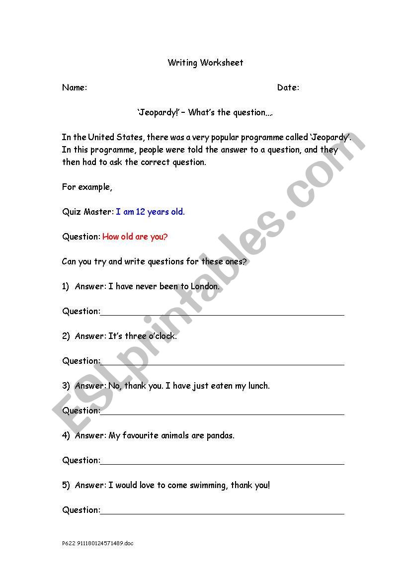 Jeopardy! worksheet