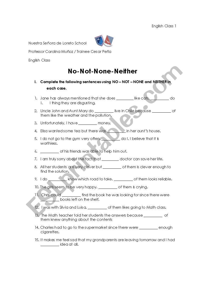 Worksheet (No- Not- Neither- Non)