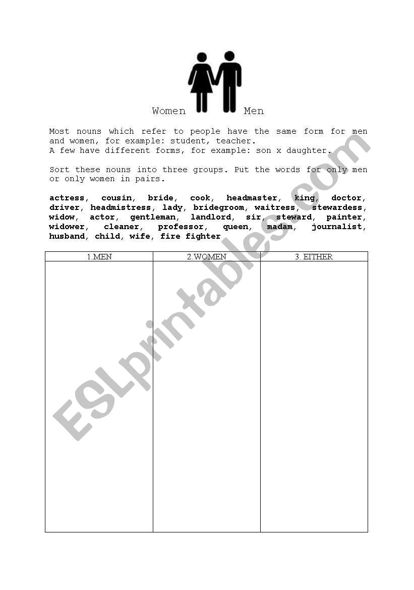 Men x Women (Gender) worksheet