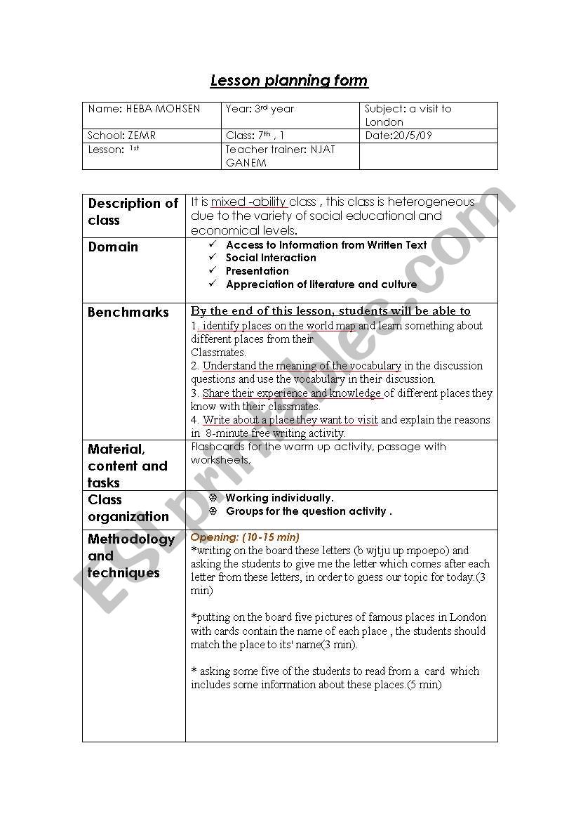 traveling  lesson plan worksheet