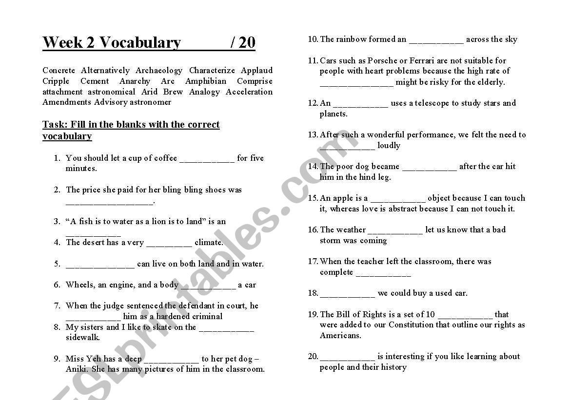 vocab review  worksheet