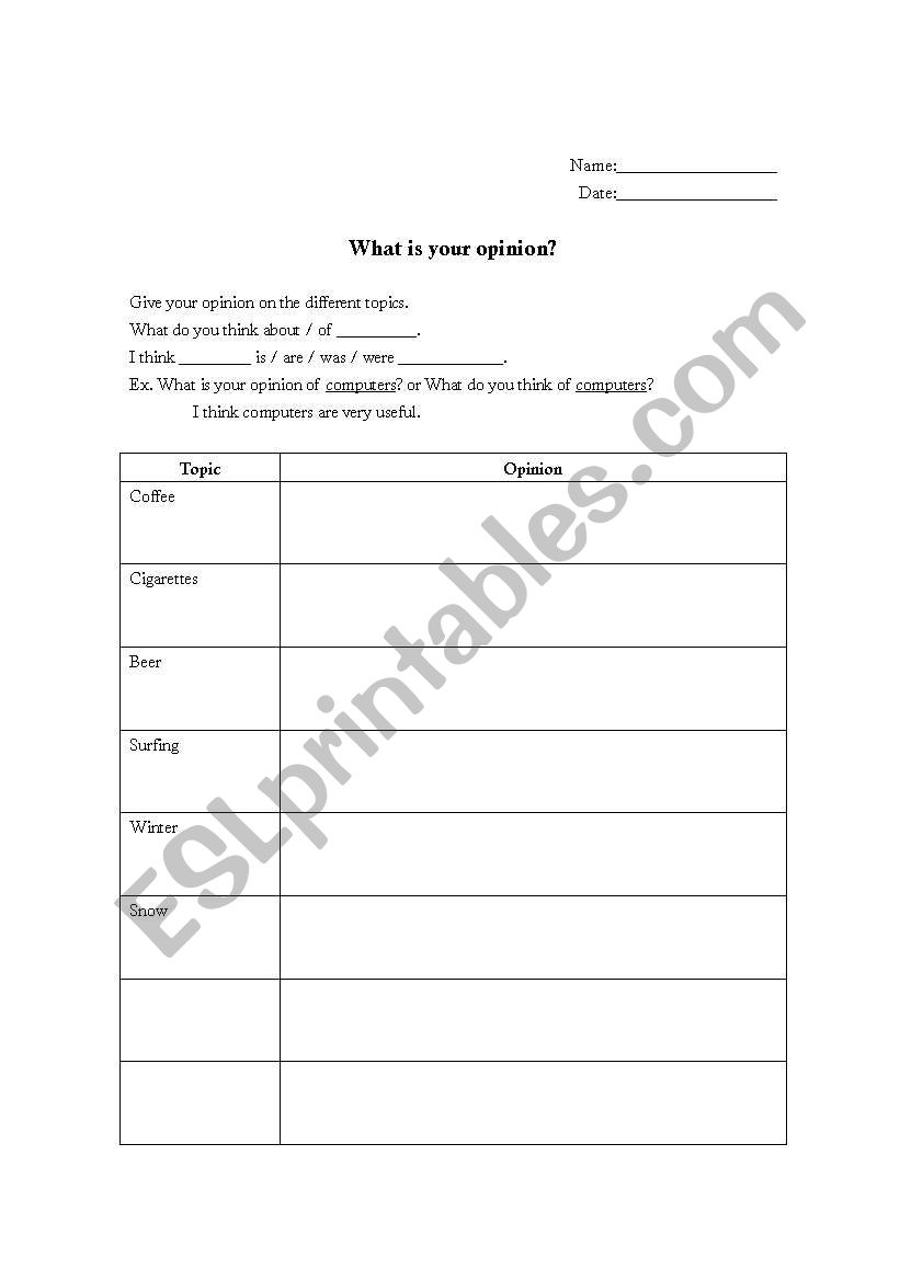 What is your opinion? worksheet