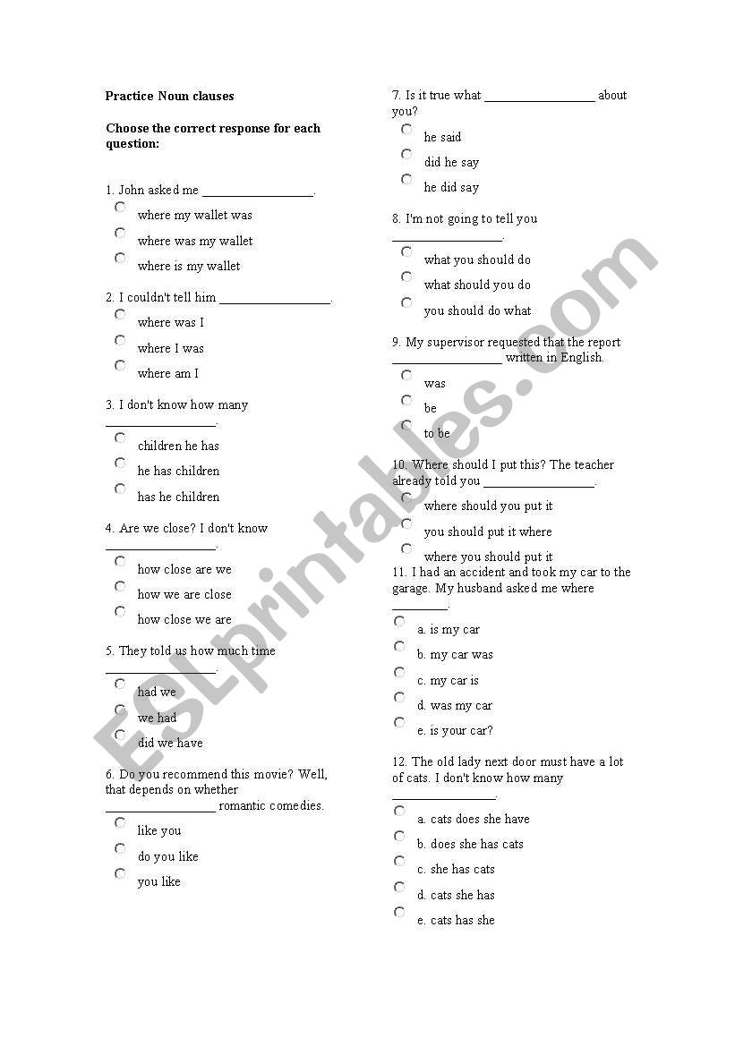 Noun clauses worksheet