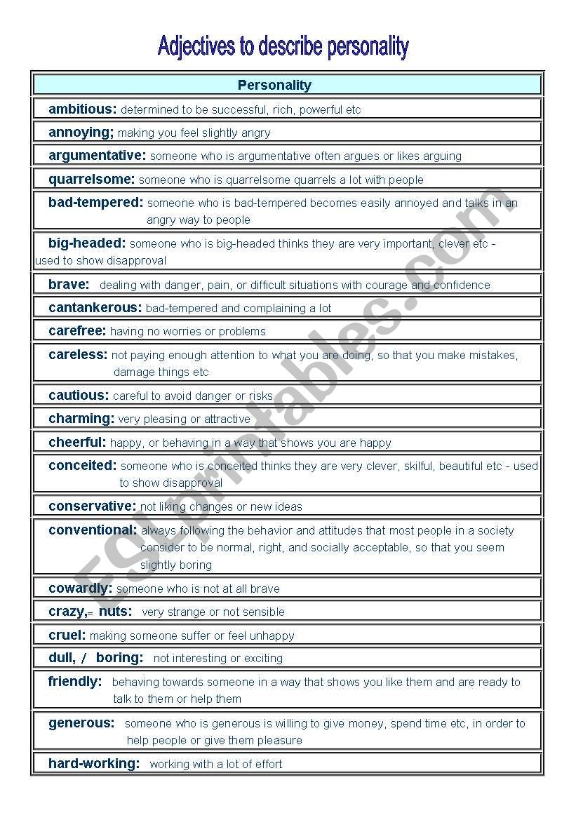 50adjectives for personality worksheet