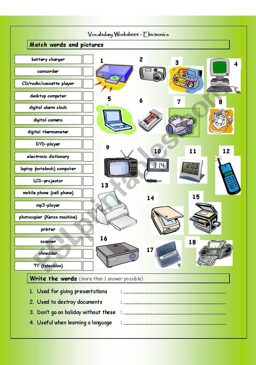 Vocabulary Matching Worksheet - ELECTRONICS