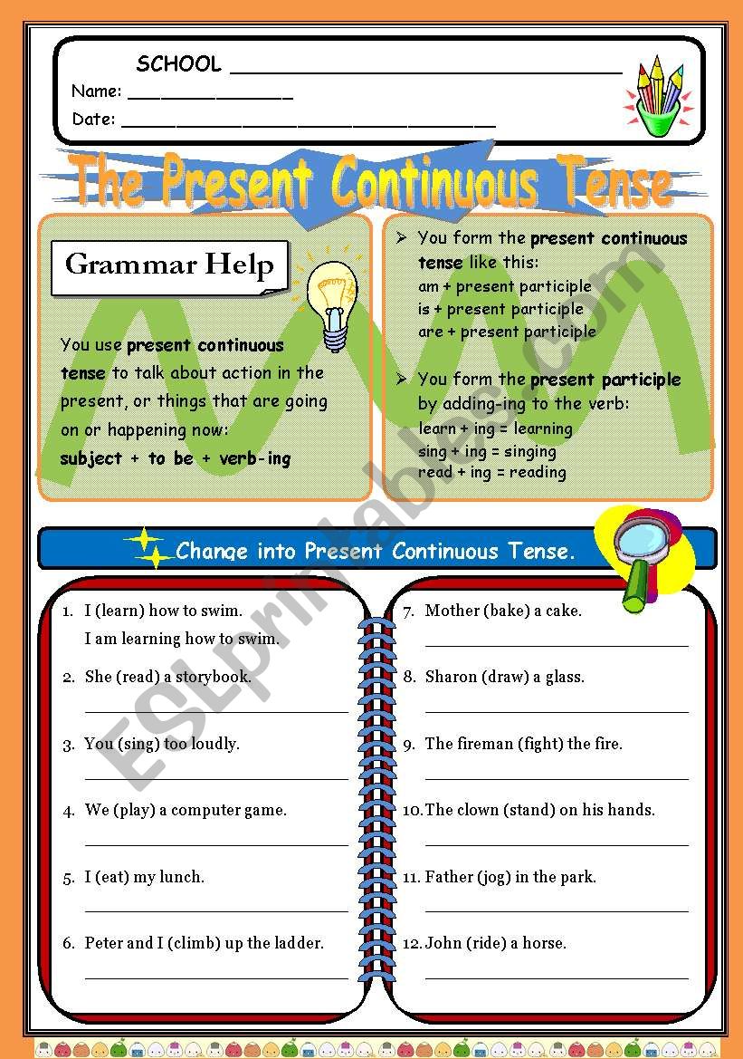 present continuous tense worksheet