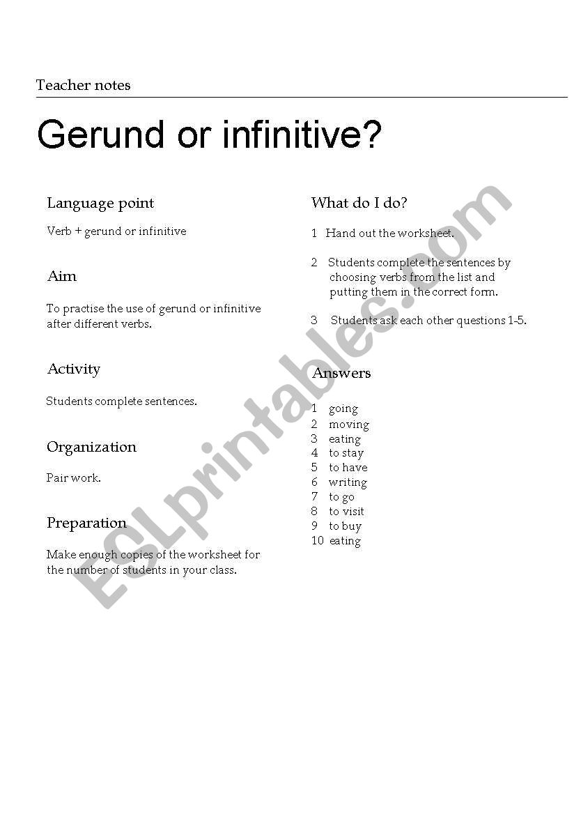 gerund and infinitive worksheet