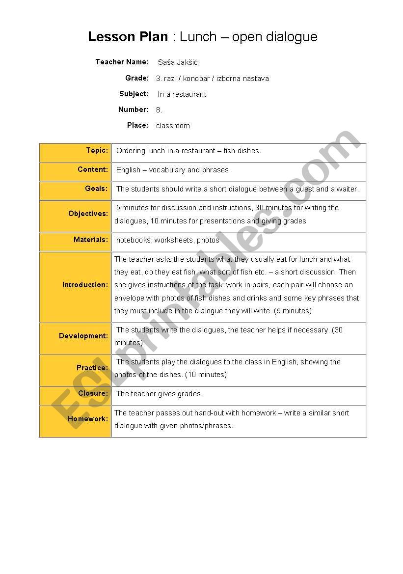 lesson plan - ordering lunch worksheet