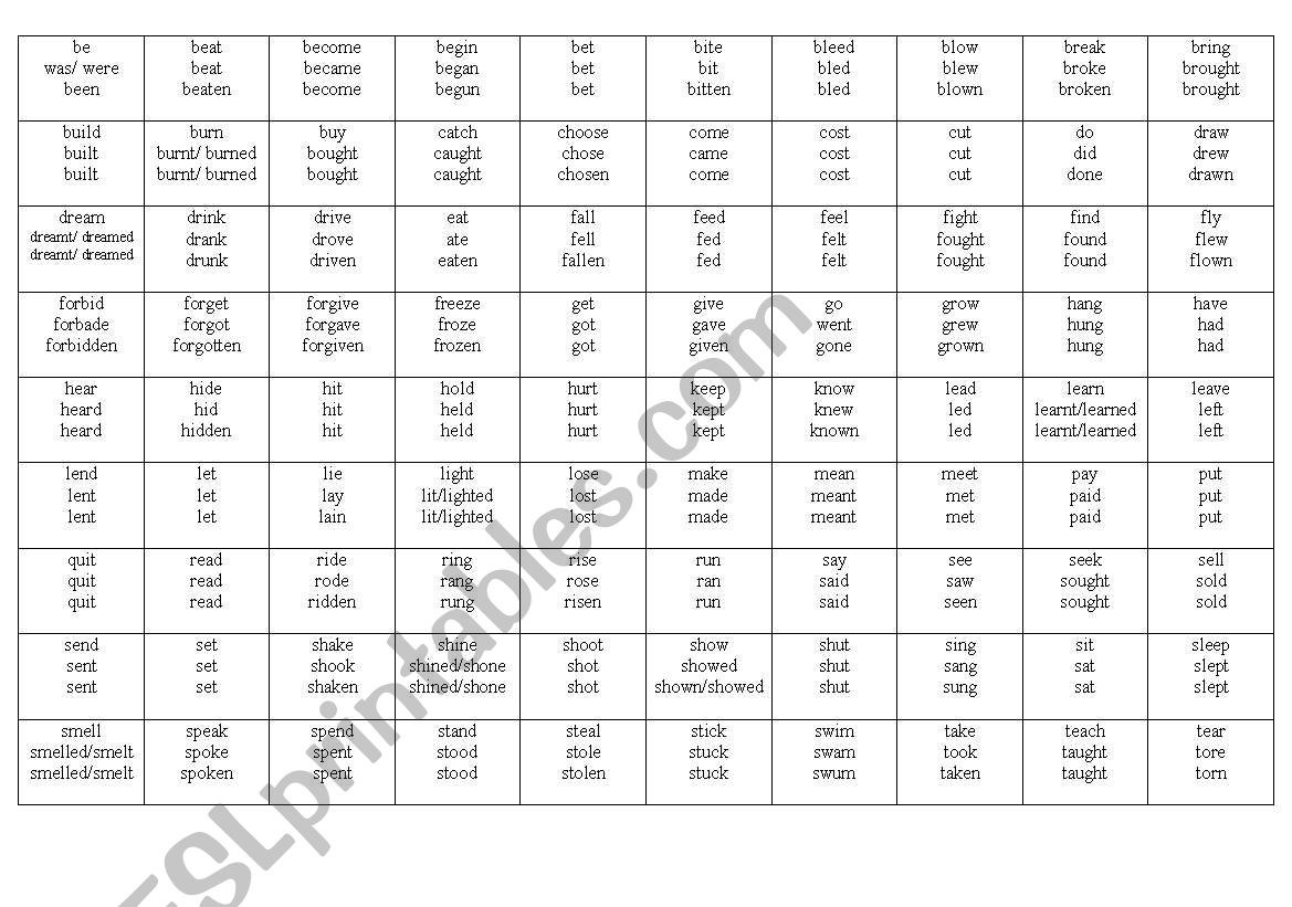 Irregular verbs bingo worksheet