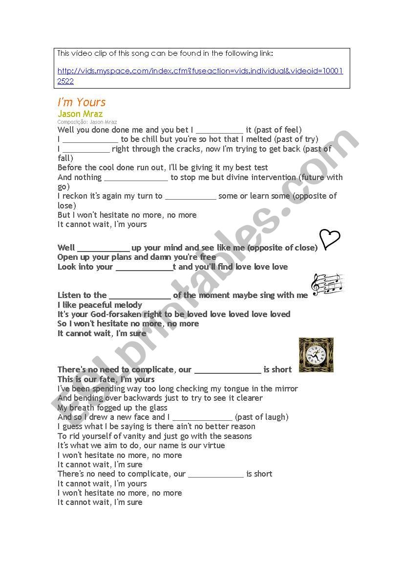Im yours - a song worksheet