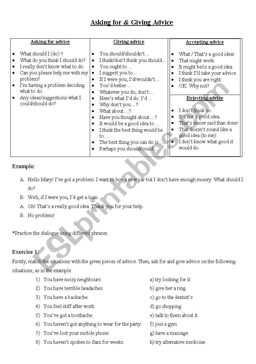 Asking for and giving advice worksheet