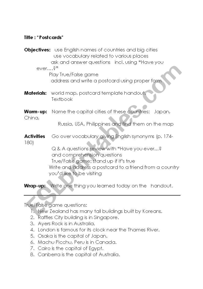 postcards worksheet