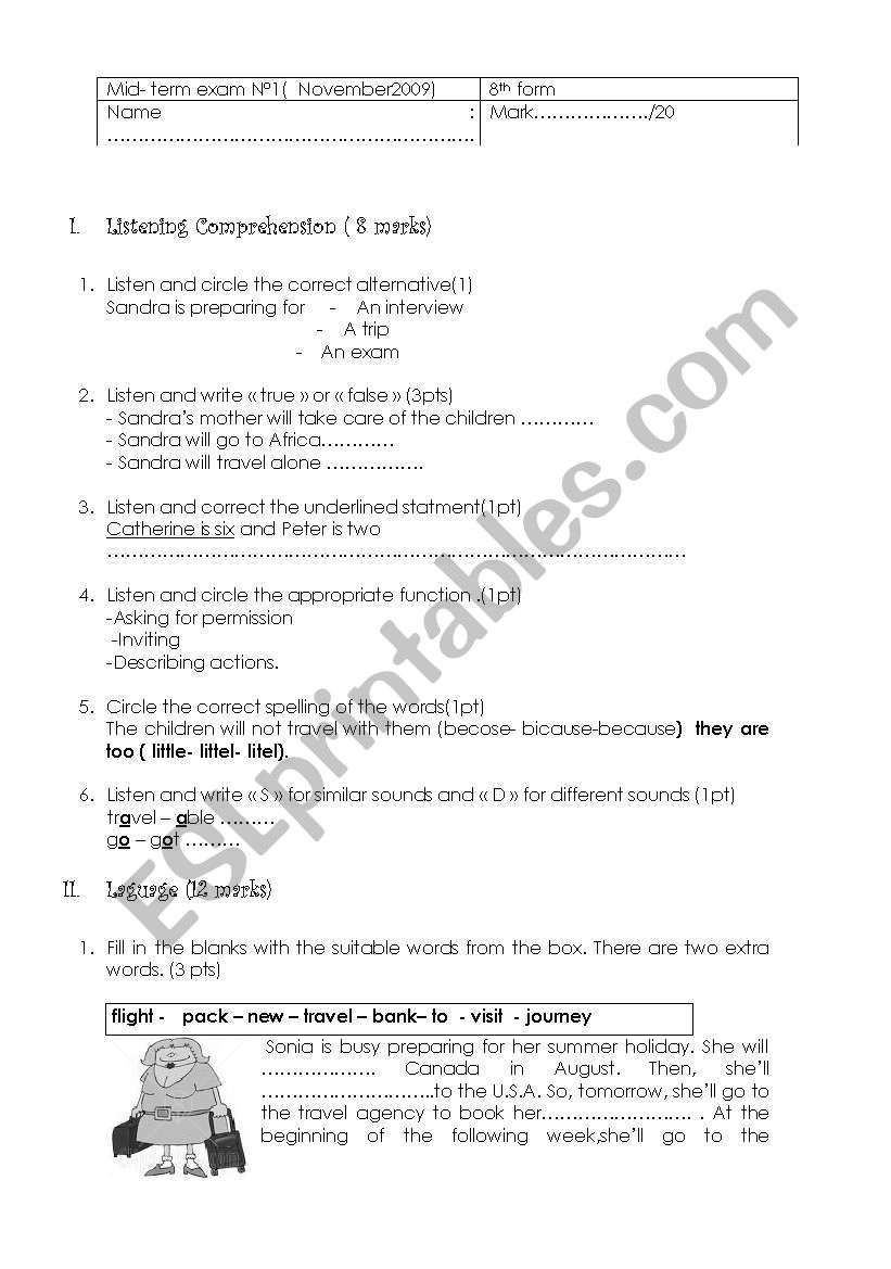 mid term exam N1( 8th form) worksheet