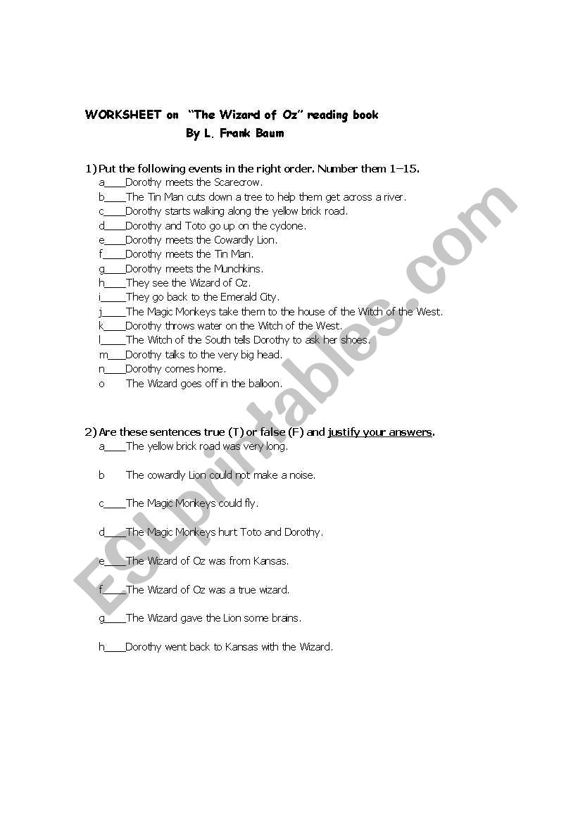 The Wizard of Oz worksheet